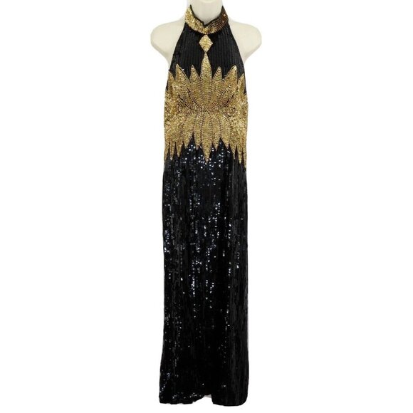 Vintage Nikhil Womens Large Silk Black Gold Sequin Beaded High Neck Dress NEW - Picture 12 of 13